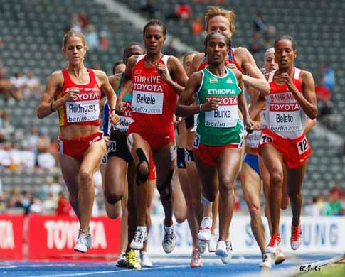 BERLIN: Gelete Burka of Ethiopia competes next to other athletes in the women's 1500 Metres Heats during day four of the 12th IAAF World Athletics Championships at the Olympic Stadium on August 18, 2009 in Berlin, Germany.