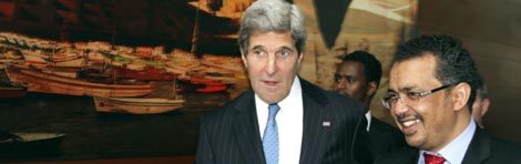 ጆን ኬሪ (ግራ)፣ ቴዎድሮስ አድኀኖም (ቀኝ) John Kerry (L) Tedros Adhanom (R)