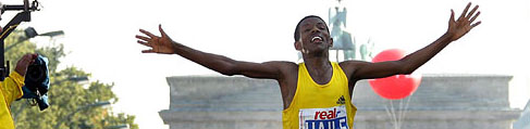 Haile Gebrselassie of Ethiopia crossed the finish line at the Berlin Marathon on Sunday Sep. 28, 2008, setting a new world record. 